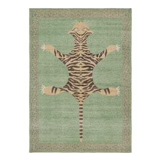 Rug & Kilim’s Distressed Tiger Rug in Green With Beige and Black Pictorial For Sale
