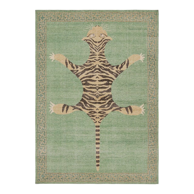 Rug & Kilim’s Distressed Tiger Rug in Green With Beige and Black Pictorial For Sale