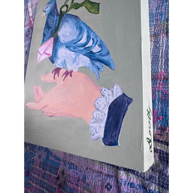 Contemporary “Love Letters in Flight: Messenger” by Dorothy Collier - Original Acrylic Painting on Board 12x16” Bird in the Hand, Messenger Wall Art For Sale - Image 4 of 4