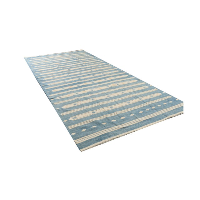 Traditional 1950s Vintage Dhurrie Flat Weave in Blue and Off-White Stripes by Rug & Kilim For Sale - Image 3 of 6