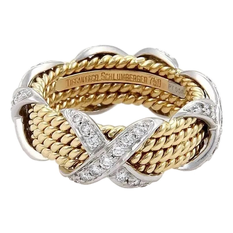 Tiffany & Co Schlumberger Diamond Platinum 18k 4 Row X Band Ring Size 4 ...