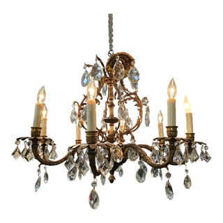 Antique Style Large Brass Tone Metal and Crystal 8 Arm Chandelier For Sale