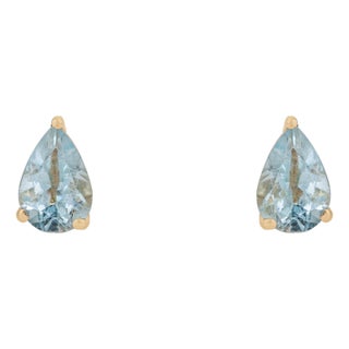 Minimal Pear Cut Natural Aquamarine Solitaire Stud Earrings in 14k Gold- A Pair For Sale