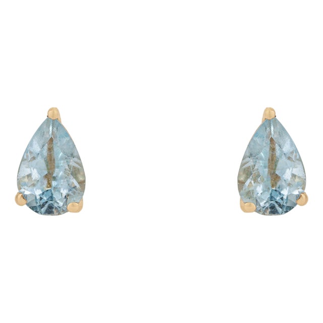 Minimal Pear Cut Natural Aquamarine Solitaire Stud Earrings in 14k Gold- A Pair For Sale