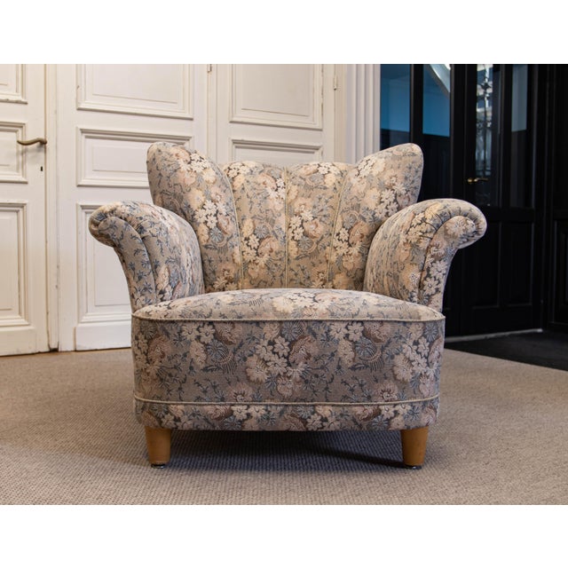 Vintage Danish Wingback Chair with Jacquard Fabric, 1940s For Sale - Image 3 of 13