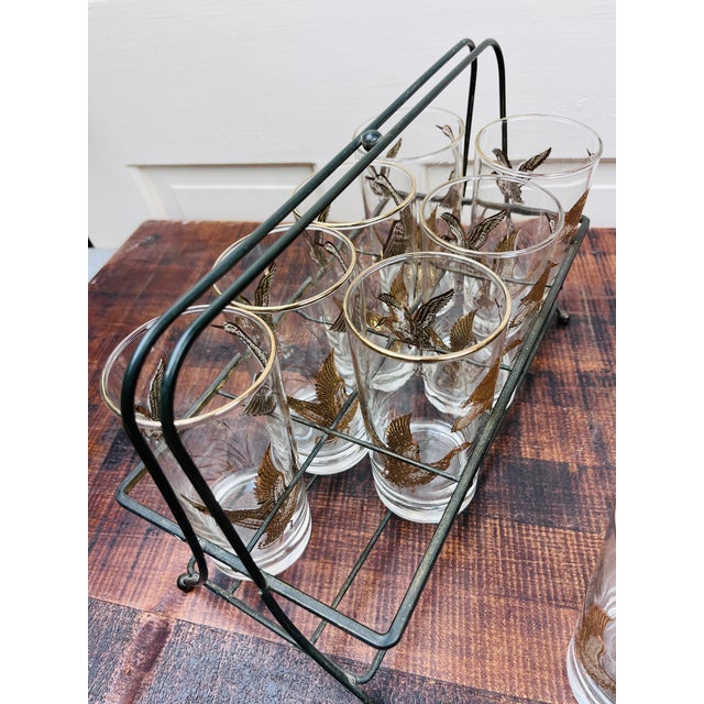 1970s Mid Century Modern Golden Mallards 8 Highball Glasses W Orignal Carrier Libbey Richard Bishop For Sale - Image 11 of 12