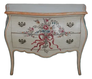 Venetian Paint Decorated 2 Drawer Bombe Commode Chest