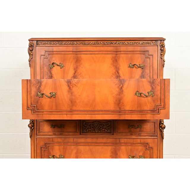 1920s Romweber Style Antique French Provincial Louis XV Carved Satinwood and Burl Wood Highboy Dresser, Circa 1920s For Sale - Image 5 of 12