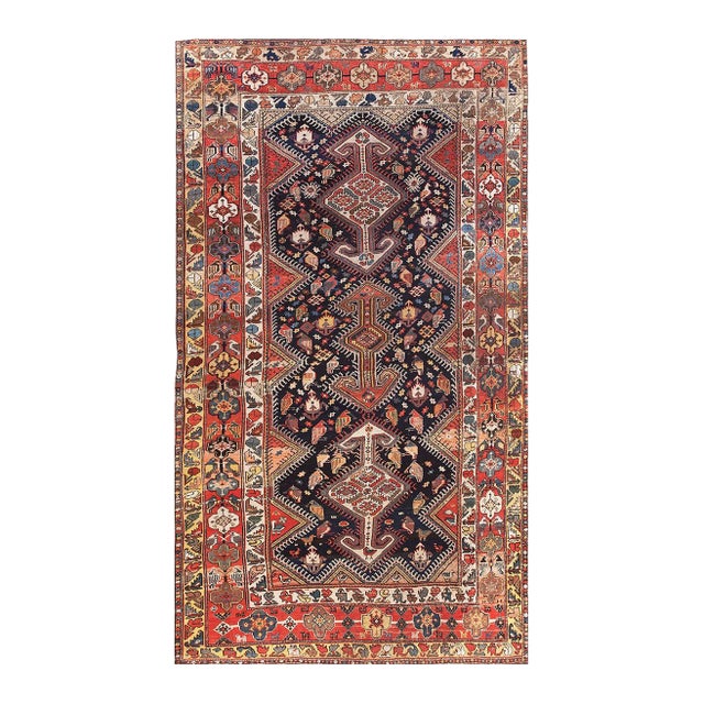 1890s Blue Navy Geometric Traditional Antique Persian Bakhtiari Rug 6' 6" X 11' 10" Wool Carpet For Sale