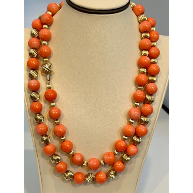 Red Signed Tiffany & Co. Vintage Natural Coral & Yellow Gold Bead Necklace, 38" Long For Sale - Image 8 of 18