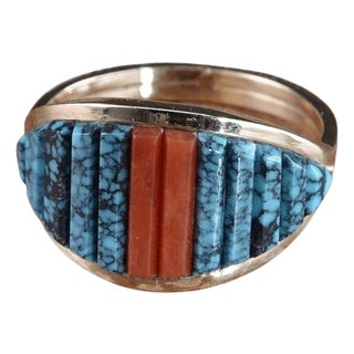 Sz8 14K gold High Grade Turquoise and Coral Native american ring Possibly Hopi For Sale