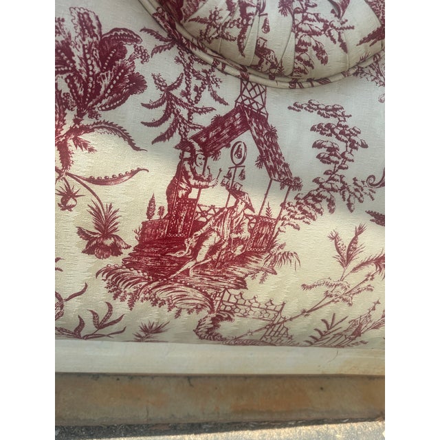 Vintage French Country Toile Upholstered Headboard – King/Queen, Rolled Silhouette For Sale In Columbia, SC - Image 6 of 10