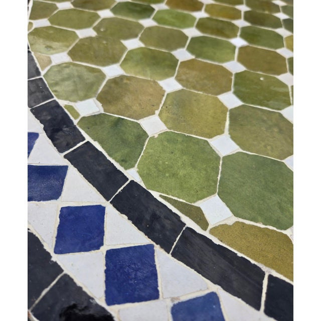 40" Handcrafted Olive Green, Blue, Black and White Moroccan Mosaic Table For Sale In Orlando - Image 6 of 7