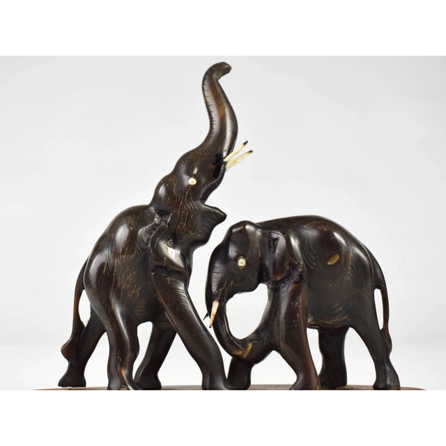 Mid 20th Century Vintage Hand Carved Buffalo Horn Elephant Figurine on Wooden Base For Sale - Image 5 of 8
