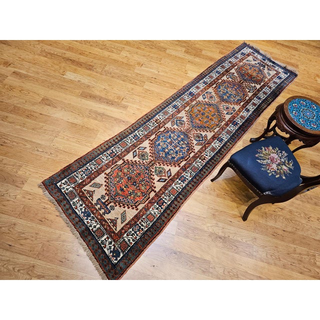Vintage Serab Runner, Hand-Knotted Wool, Geometric Medallion Pattern, Ivory & Blue, 3x11 For Sale - Image 14 of 14