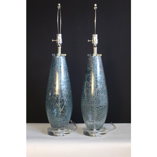 Mid 20th Century Mezza Murano Style Aqua Frost Lamps - a Pair For Sale - Image 4 of 14