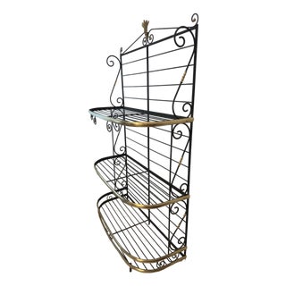 Art Deco French Bakers Rack: Three-Tiered Etagere in Wrought Iron & Brass, 1930s For Sale