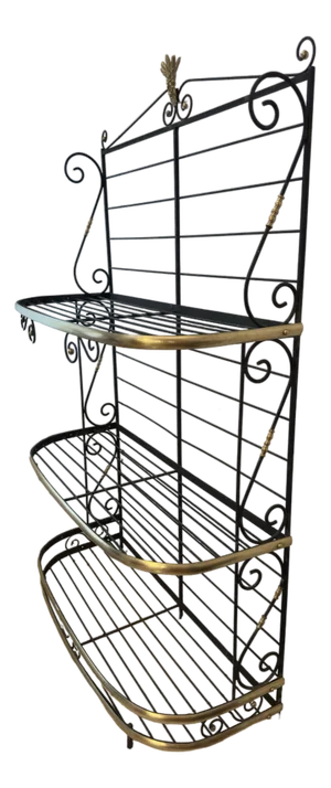 Art Deco French Bakers Rack: Three-Tiered Etagere in Wrought Iron & Brass, 1930s