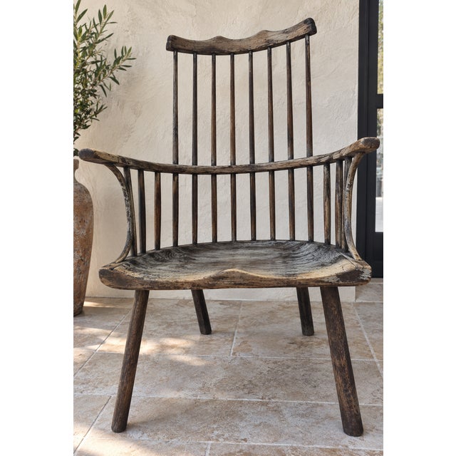 Brown Antique Vernacular. Pair of 19thC Country Primitive Comb/Stick-Back Windsor Chairs With Original Green Paint For Sale - Image 8 of 14
