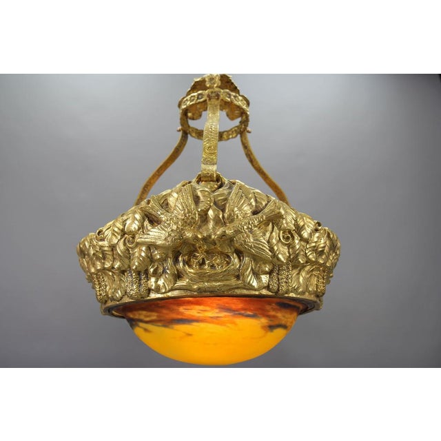 Art Deco French Brass Chandelier with Yellow Pâte De Verre Glass by Degué, 1930s For Sale - Image 14 of 18