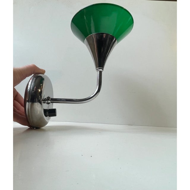 Forest Green Vintage Danish Chrome Up-Light Wall Sconce with Green Glass Shade, 1980s For Sale - Image 8 of 8