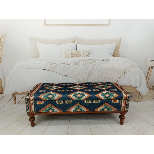 Navy Blue Diamond Pattern Rug Print Fabric Upholstered Navy Storage Ottoman Bench For Sale - Image 8 of 8