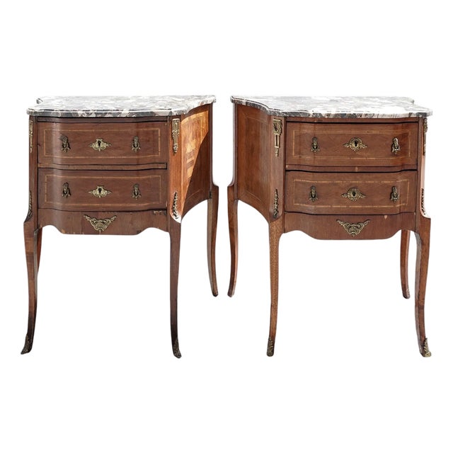 Pair of Antique Marble Top French Louis XV Style Nightstands For Sale