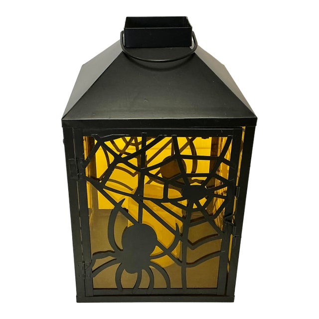 1980s Vintage Boho Chic Americana Halloween Spider Web Tole Lantern Candleholder. For Sale