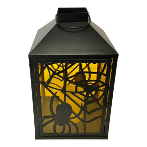 1980s Vintage Boho Chic Americana Halloween Spider Web Tole Lantern Candleholder.