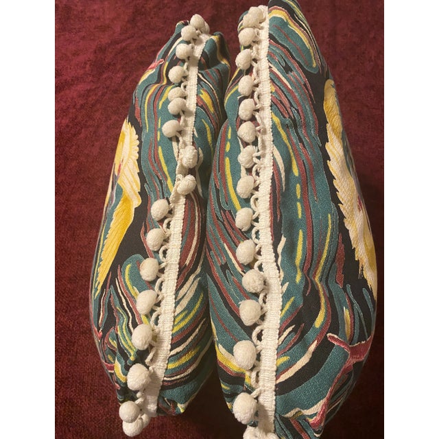 Vintage Tropical Egrets and Palm Leaves Pillows with Pom Pom Trim - a Pair For Sale - Image 11 of 13