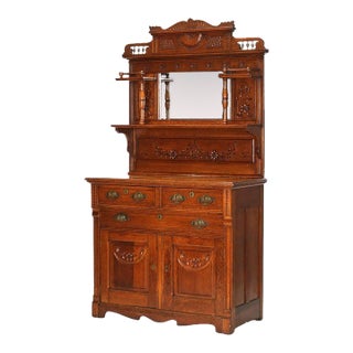 Antique Eastlake Two Piece Chip Carved Oak Sideboard With Mirror C1910 For Sale