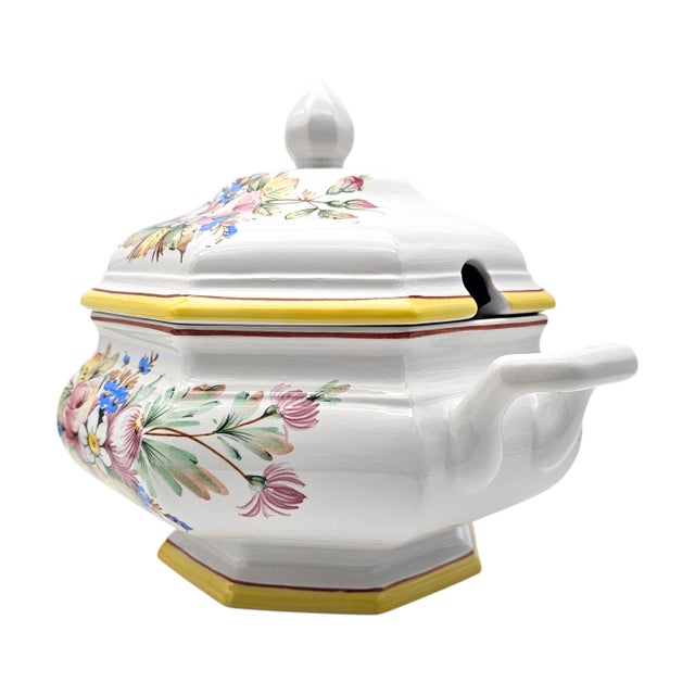 Italian Hand-Painted Porcelain Soup Tureen Set, Octagonal Floral, 16" For Sale In San Francisco - Image 6 of 18