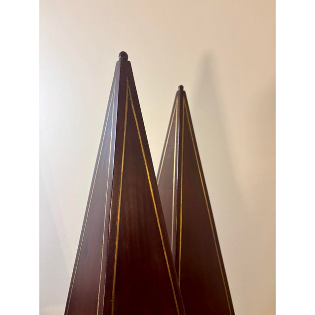 Art Nouveau Vintage Pair of Wooden Obelisks With Gilt Inlay - Architectural Decor For Sale - Image 3 of 8