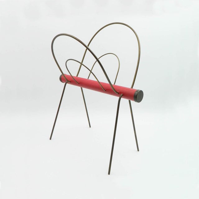 Brass Magazine Rack with Red Leather For Sale - Image 10 of 10