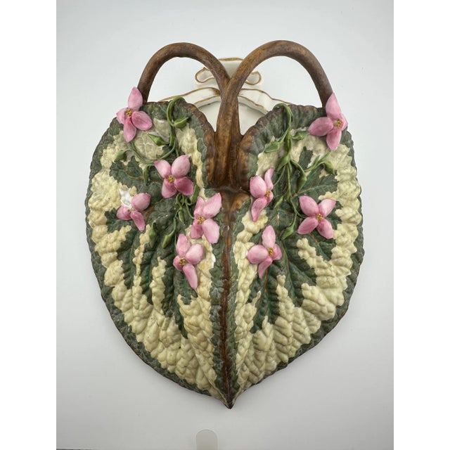 Victorian 19th Century Majolica Leaf Wall Pocket – Pink Blossoms & Branch Handles – Relief Molded Continental Pottery, George Jones Style For Sale - Image 3 of 16