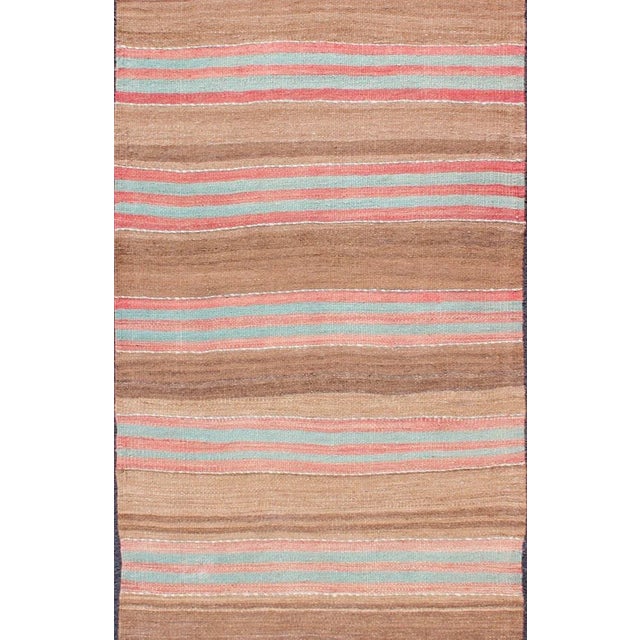Measures: 2'9 x 6'0 Vintage Turkish Kilim with Soft Brown, Rose, and Aqua Stripes 2'9 x 6'0. Keivan Woven Arts /...