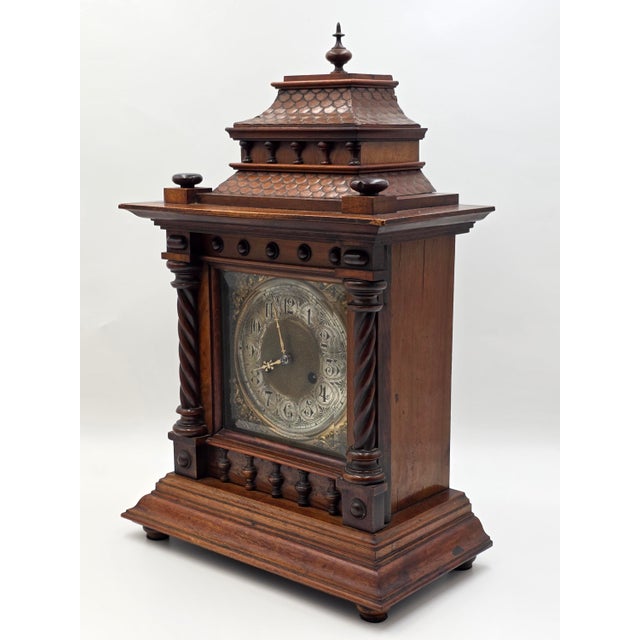 Victorian Rare Antique 1895 Hac 14 Day Strike Mantel Clock Carved Walnut Serviced Working For Sale - Image 3 of 14