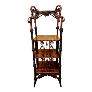1880s Victorian Wicker Heywood Brothers Co. Etagere Nick Standing 4 Level Shelf For Sale