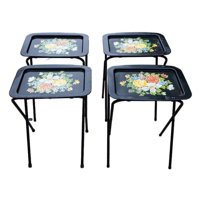 Hand Painted Floral Tv Folding Tray Tables Set of 4 For Sale