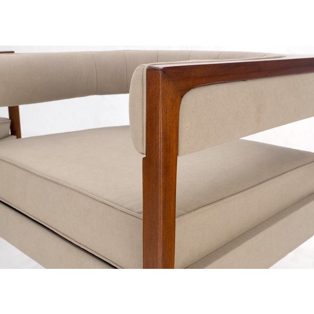 Tan Pair New Alcantera Upholstery Walnut Cube Shape Barrel Back Lounge Chairs MINT! For Sale - Image 8 of 13