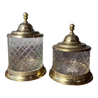 Set of 2 - Vintage Glass and Brass Apothecary Jars With Lid, Made in India For Sale