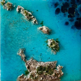 Flying Over the Ocean #5 by Ana Hefco | Layered tinted resin & Mixed Media on wood panel Abstract ocean landscape with islands. For Sale