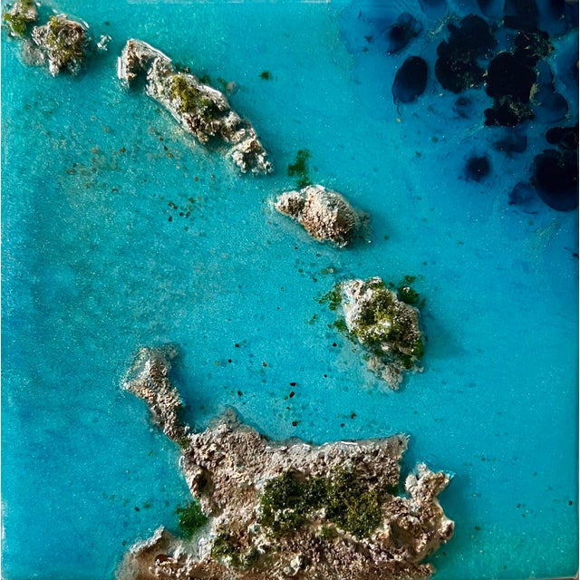 Flying Over the Ocean #5 by Ana Hefco | Layered tinted resin & Mixed Media on wood panel Abstract ocean landscape with islands. For Sale