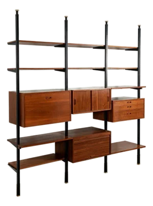 Early Production George Nelson Omni Three-Bay Modular Walnut Wall Unit by Structural Products, Circa 1961
