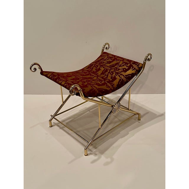 Hollywood Regency Italian Brass Bench With Printed Leather Upholstery For Sale - Image 9 of 12