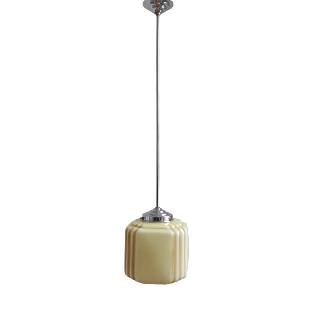 Art Deco Hanging Lamp with Cube Shaped Beige Globe, 1930s For Sale