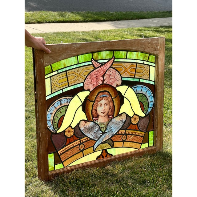 19th Century Stained Glass Window With Painted Angel Portrait in Original Frame For Sale - Image 13 of 17