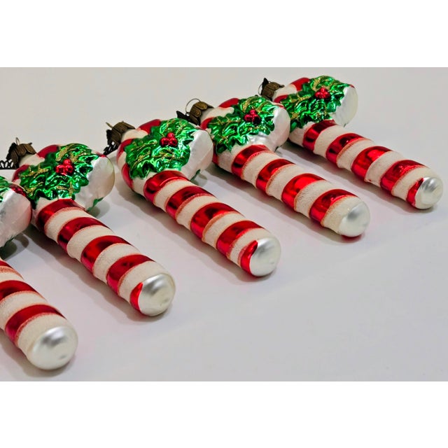 Victorian Vintage Neiman Marcus 2002 German Blown Glass Holly Candy Cane Christmas Ornaments, Set of 6 For Sale - Image 3 of 8