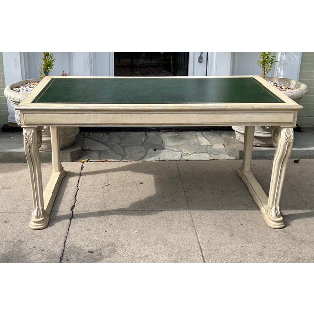 2000 - 2009 Regency Style Dennis & Leen Green Leather Top White & Silver Writing Table Desk For Sale - Image 5 of 6