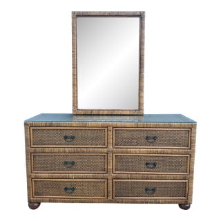 Boho Chic Wicker Dresser With Wall Mirror - 2 Pieces For Sale